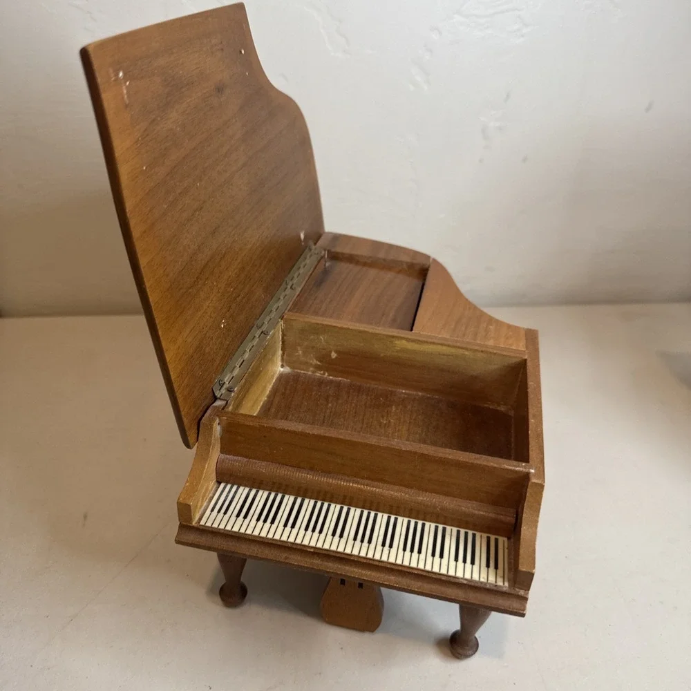 Vintage Wooden Grand Piano Box Floral Inlay Jewelry Trinket Box Rustic Cottage